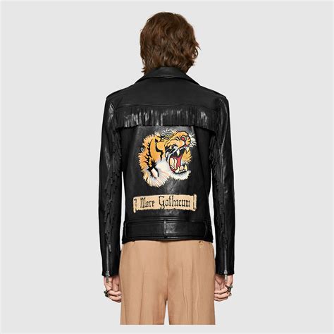 gucci white jacket with black leather arms|gucci tiger leather jacket.